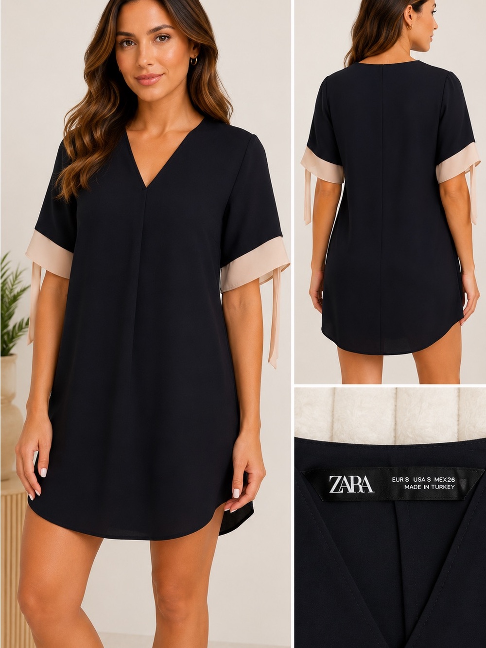 Zara Black V-Neck Shift Dress with Cream Sleeve Cuffs